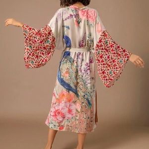 Kimono cardigan floral boho blouse swimsuit cover up belt tie peacock white red